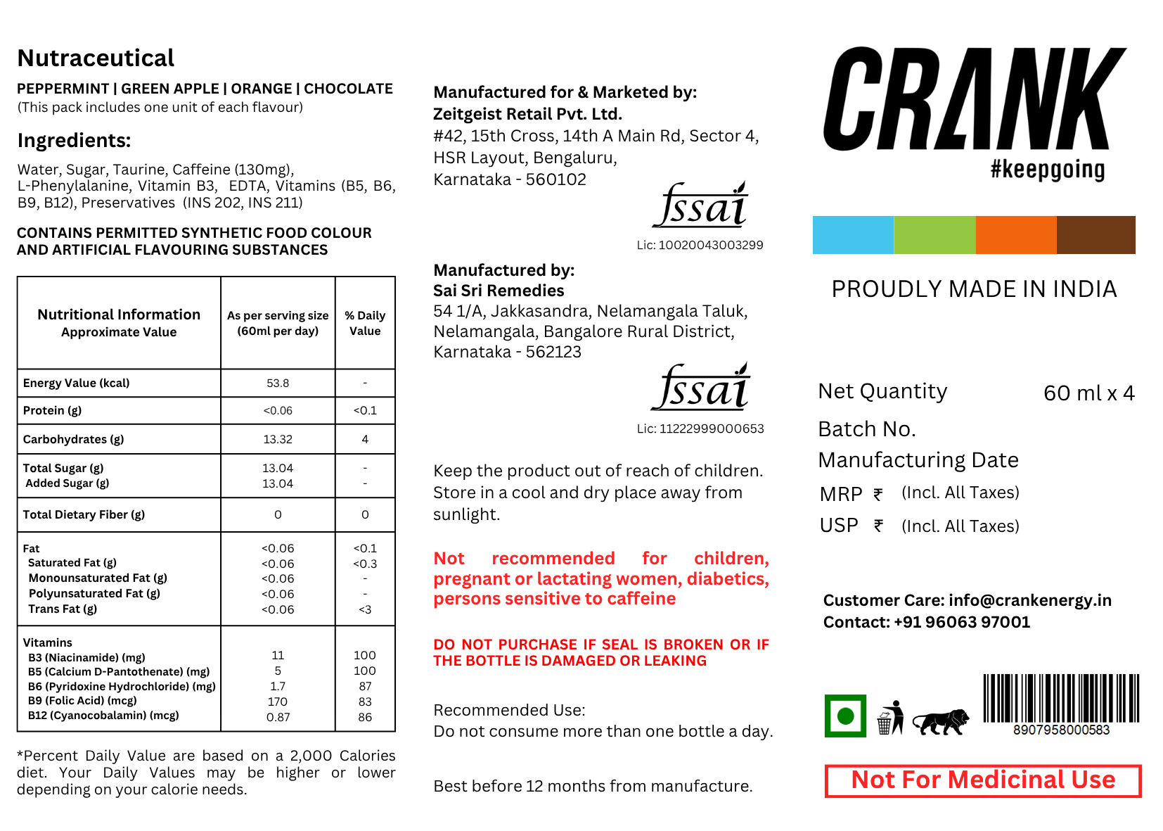 Crank Energy Shot Trial Pack –(Pack of 4) |130mg Caffeine + Taurine + B-Vitamins + Phenylalanine | Real Cane Sugar for Optimal Energy | Instant & Sustained Energy for Workouts, Work, Travel, Sports | Pocket Sized | 60ml Each