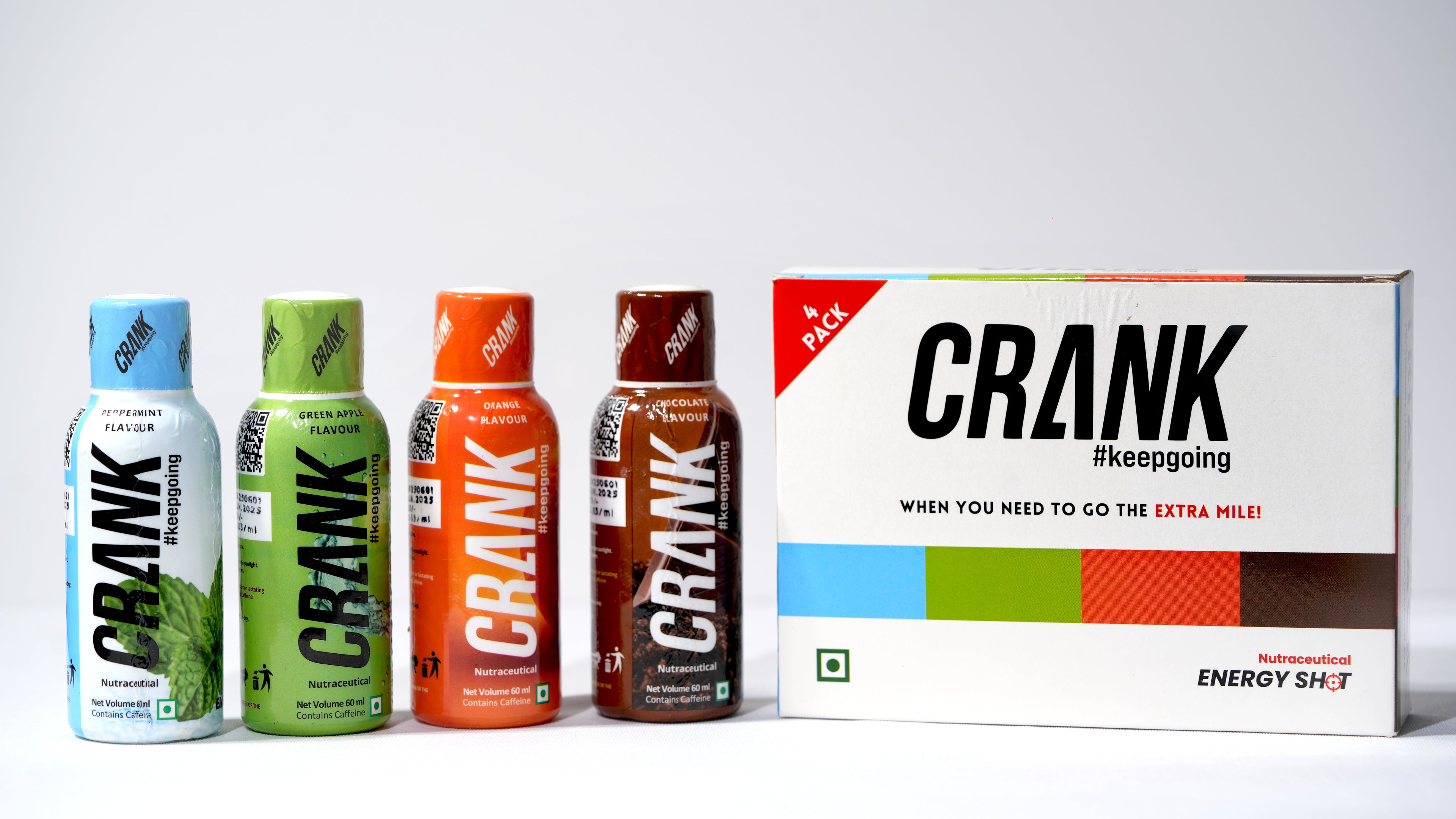 Crank Energy Shot Trial Pack –(Pack of 4) |130mg Caffeine + Taurine + B-Vitamins + Phenylalanine | Real Cane Sugar for Optimal Energy | Instant & Sustained Energy for Workouts, Work, Travel, Sports | Pocket Sized | 60ml Each